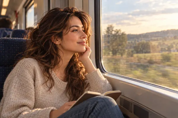 Lia looking out of a train window