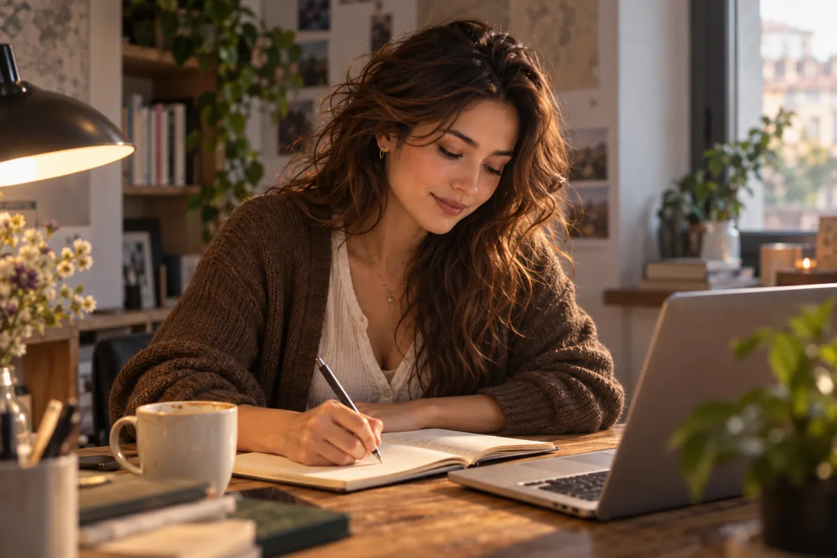 Lia writing in a notebook at a desk