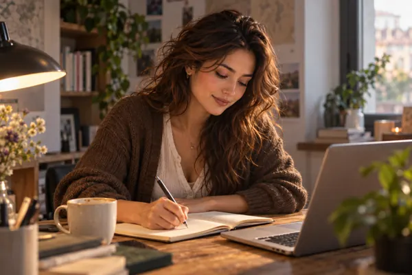 Lia writing in a notebook at a desk